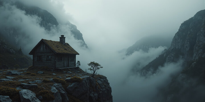 Lonely mountain cabin surrounded by dense fog for mystery and solitude visuals. A small, weathered wooden cabin sits