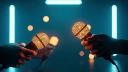 Two hands holding glowing microphones in a dimly lit space surrounded by soft bokeh lights capturing a moment of musical collaboration or performance