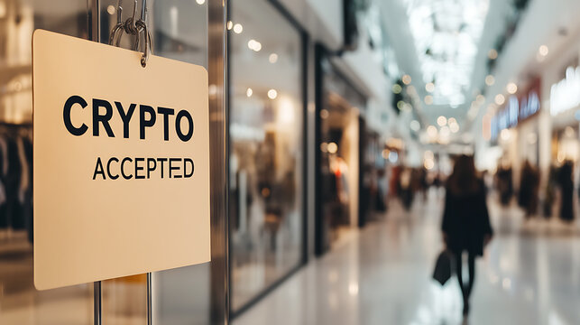 Store accepts virtual currencies at shopping mall. Modern digital payment adoption at retail location. Innovation in commerce at business.