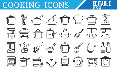 Naklejka premium Editable Cooking and Kitchen Icons for Culinary Design and Recipe Illustration