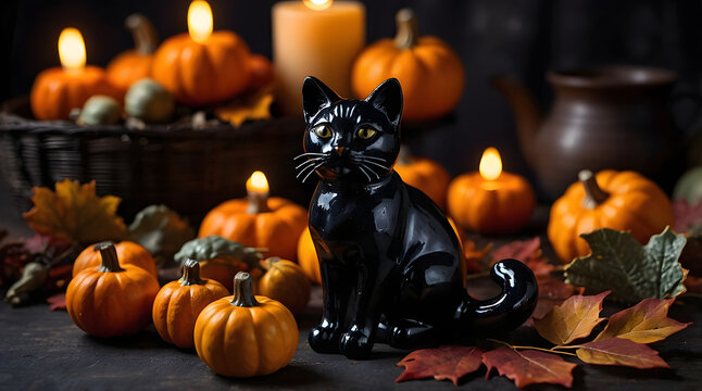 Schwarze Katze mit K&uuml;rbissen und Kerzen