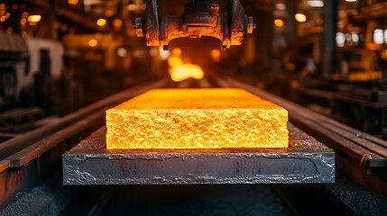 Molten metal block being lifted in a factory, glowing orange with intense heat. Industrial scene of metalworking.