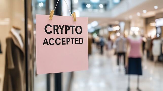 Sign advertising cryptocurrency payment options in a retail store, indicating acceptance of digital currency, suggesting modern, technologically advanced business practices.