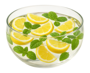 Lemon wedges bobbing in a punch bowl of clear sangria, surrounded by floating mint leaves.