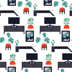 This artwork showcases a modern design pattern with various furniture pieces, including tables and monitors, decorated by green plants in colorful pots, creating a lively atmosphere.