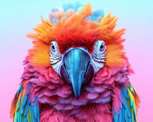 Obraz premium A vibrant and colorful scarlet macaw parrot with striking feathers against a soft pink and blue gradient background.