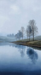 Misty winter morning by a serene lake
