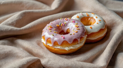 Pastellfarbene Donuts mit Glasur auf Leinenstoff