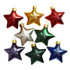Colorful star-shaped ornaments arranged in eight sparkling shades for festive decorations on transparent background