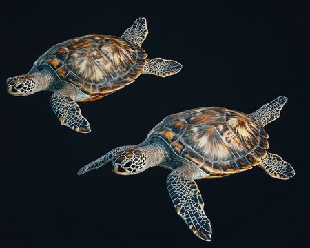 Two graceful sea turtles gliding through dark waters, showcasing their intricate patterns and textures.