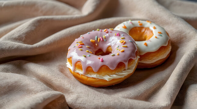 Pastellfarbene Donuts mit Glasur auf Leinenstoff
