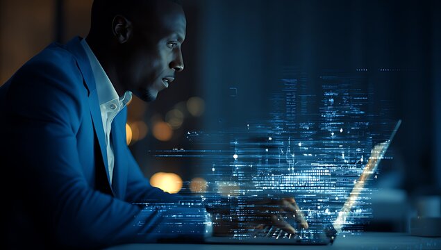 Focused Businessman Working Late at Night on a Laptop with Code Overlay, A dark, professional setting depicts a focused dark-skinned man in a suit working late at night on a laptop.