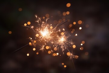 Close-up of glowing sparklers and bokeh lights in dark scene