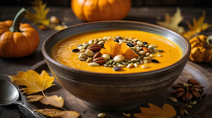 Cremige Kürbissuppe mit Kernen und Herbstdeko