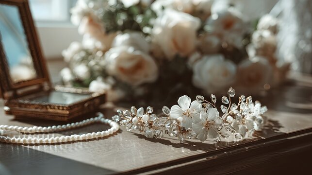 Delicate floral hairpiece and pearls on a wooden surface.