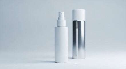 Minimalist White and Silver Spray Bottles on Light Gray Background