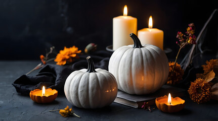 Weiße Kürbisse mit Kerzen und Herbstblumen
