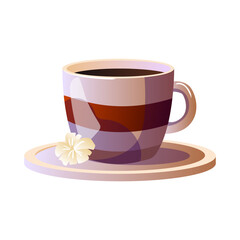 A beautifully designed cup filled with coffee sits on a plate. A delicate flower is placed next to it, creating a serene atmosphere ideal for relaxation and enjoyment.