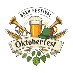 Oktoberfest Beer Festival Emblem with Horns and Hat