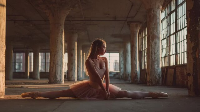 A ballet dancer woman gracefully stretches doing the splits at an industrial location, illuminated by soft sunlight filtering through large windows