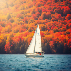 Sailboat gliding on blue water with autumn foliage backdrop bathed in golden sunlight