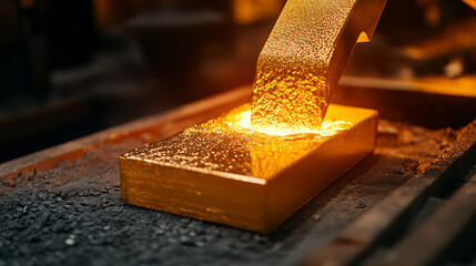Molten Metal Casting: A gleaming block of liquid metal is poured, showcasing the artistry of foundry work in warm, golden hues. Mesmerizing process.