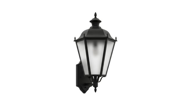 Elegant black outdoor lantern with frosted glass against a plain white background