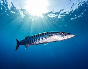 Fototapeta premium Barracuda Fish Swimming Underwater: Marine Predator in Clear Ocean Scene for Wildlife, Tropical Sea Life, and Aquatic Nature Exploration Themes