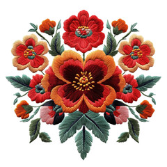 Colorful floral embroidery design showcasing vibrant blossoms and lush greenery in intricate patterns on transparent background