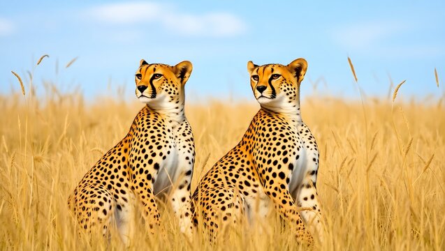 Two cheetahs sitting in tall golden grass under a clear blue sky in their natural habitat setting view