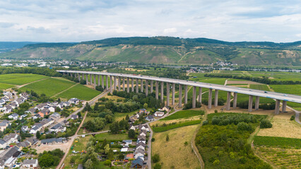 Moselle Viaduct Longuich, between Trier and Schweich, bridge of highway crossing the Mosel river in...