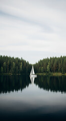 Serene lake scene featuring a white sailboat mirroring on the still water