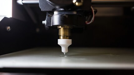 Fototapeta premium 3D printer nozzle close-up, showcasing precision technology in action, extruding material onto a flat surface, highlighting the innovative process of additive manufacturing and design creation