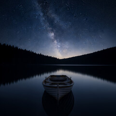 Serene lake scene with a wooden rowboat under a starry Milky Way sky
