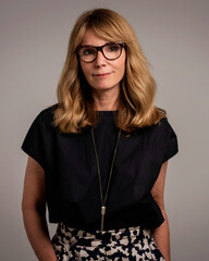Studio shot of a blond haired woman smiling against isolated background