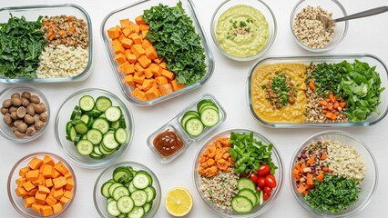 Fototapeta premium Healthy plant-based meal prep overhead flat-lay, bright and clean