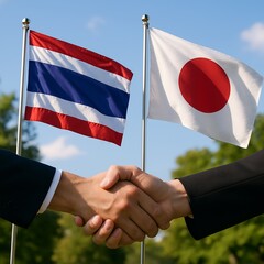 Thailand flag and Japan flag. Strong diplomatic ties and mutual friendship. the harmonious relationship and cooperation between the two nations