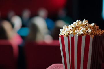 Movie theater popcorn. Red and white striped box filled with fluffy, buttery popcorn awaits moviegoers in a darkened theater. A classic cinematic experience.