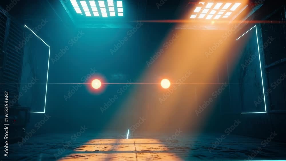 Poster a futuristic dimly lit room with two bright lights casting beams and creating a dramatic atmosphere 
