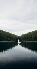 Serene Sailboat on Calm Lake Surrounded by Dense Evergreen Forest Under Overcast Sky
