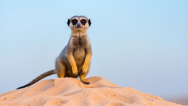 A meerkat standing upright on a sand dune against a clear blue sky in a desert environment