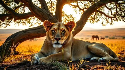 A lioness rests under a tree with elephants in the distance during a warm african sunset scene