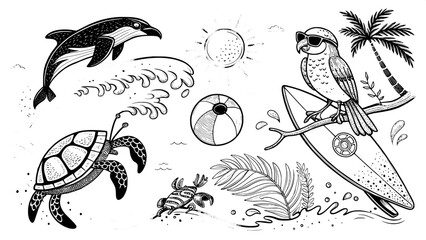 “A stylized collection of summer-themed animal line drawings in black and white: a dolphin jumping over waves, a crab with a beach ball, a parrot on a branch, a sunbathing turtle, a fish with sunglass