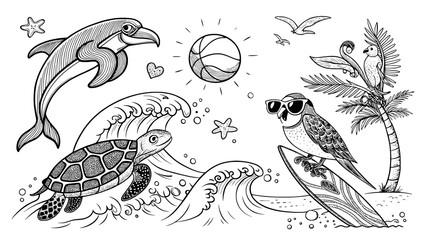 “A stylized collection of summer-themed animal line drawings in black and white: a dolphin jumping over waves, a crab with a beach ball, a parrot on a branch, a sunbathing turtle, a fish with sunglass