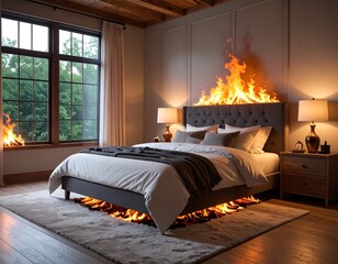 Burning bed in bedroom