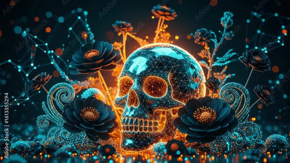 Poster a vibrant digitally rendered skull surrounded by intricate flowers and glowing particles set against