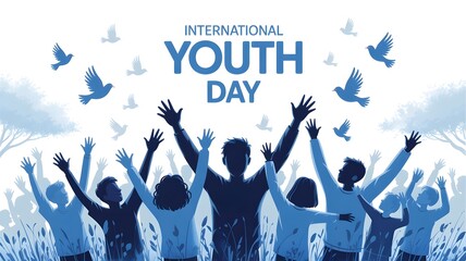 Diverse youth celebrate International Youth Day with raised hands and flying doves celebration diversity