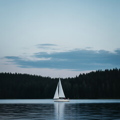 Serene Sailboat on Calm Lake Waters at Dusk with Forest Backdrop