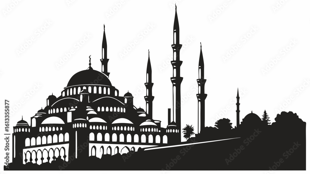 Aufkleber silhouette of an ornate mosque with multiple minarets and domes against a white background in a vect