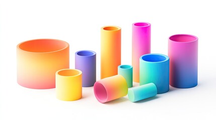 Vibrant Gradient Cylinders Arranged in a Dynamic Composition on White Background